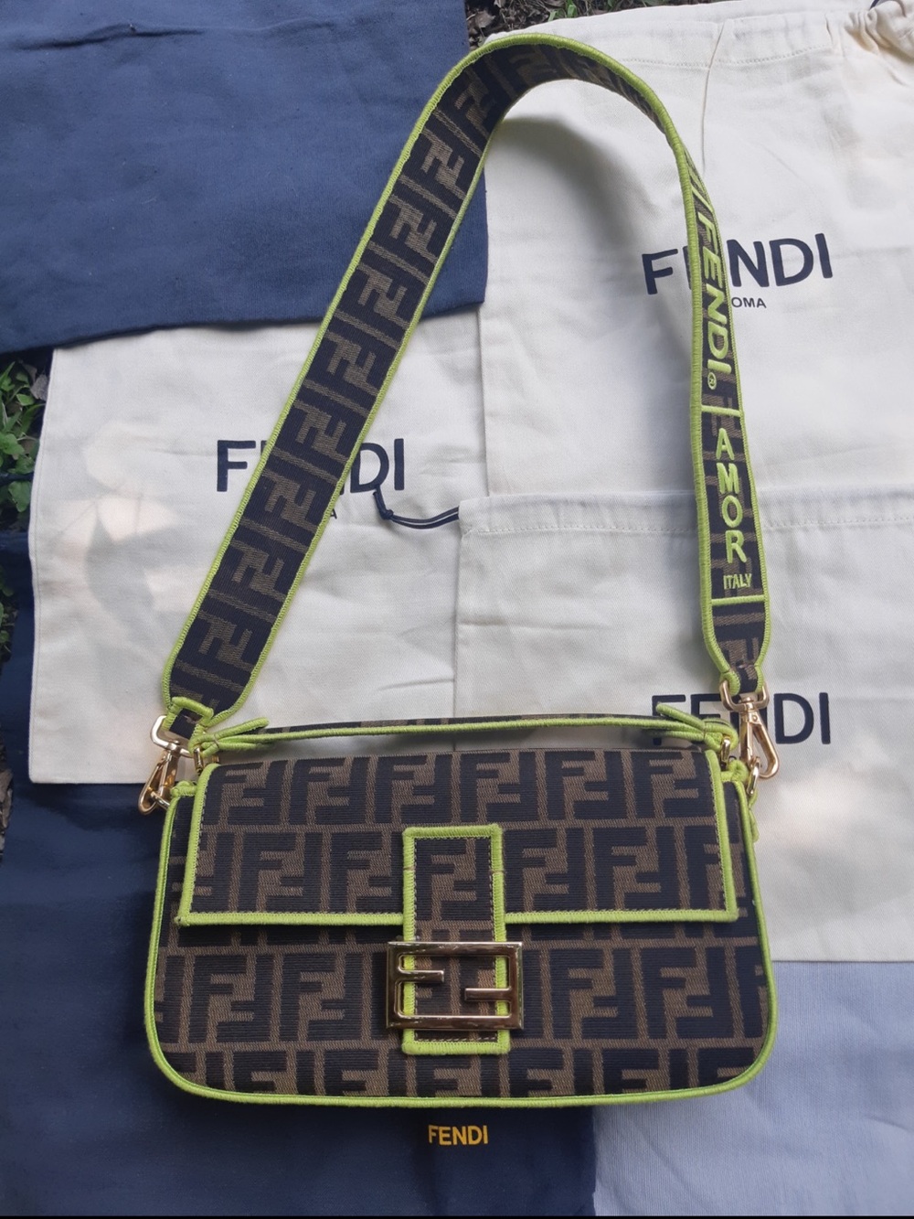 Fendi Brown FF Canvas Shoulder Bag with Neon Green Trim